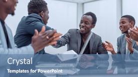  Presentation with people - Presentation design with business-people-greeting-each background and a teal colored foreground