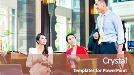  Presentation with business hotel - Audience pleasing presentation theme consisting of business people greeting each other in a hotel backdrop and a coral colored foreground
