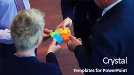  Presentation with team business top view - Slide set enhanced with business people group assembling jigsaw background and a  colored foreground