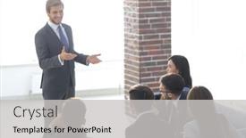  Presentation with business group meeting - Audience pleasing theme consisting of business people group at meeting seminar presentation in bright backdrop and a light gray colored foreground