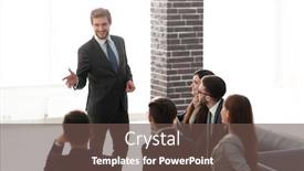  Presentation with business group meeting - Beautiful presentation design featuring business people group at meeting seminar presentation in bright backdrop and a tawny brown colored foreground