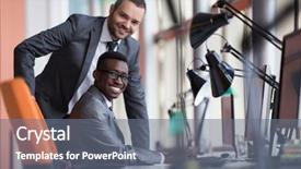  Presentation with business group meeting - Slides with business people group have meeting background and a  colored foreground