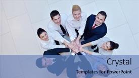  Presentation with team group - Audience pleasing slide set consisting of business people group joining hands and stay as team in circle and representing concept of friendship and teamwork backdrop and a teal colored foreground