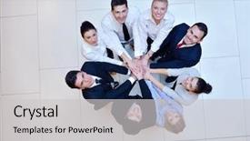  Presentation with team group - Colorful slide deck enhanced with business people group joining hands backdrop and a light gray colored foreground