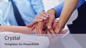  Presentation with business partner people joining hand - Slide deck enhanced with team fun - business people group joining hands background and a  colored foreground