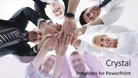  Presentation with group - PPT theme consisting of business people group joining hands background and a lemonade colored foreground