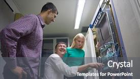  Presentation with computer network - Beautiful theme featuring business people group network engeneers backdrop and a gray colored foreground