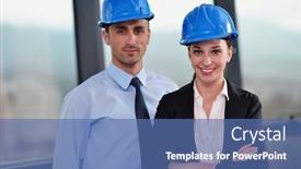  Presentation with building plans - Slide deck having business people group on meeting and presentation in bright modern office with construction engineer architect and worker looking building model and blueprint planbleprint plans background and a ocean colored foreground