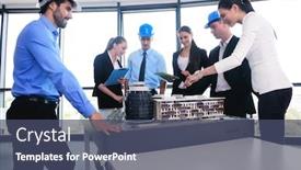  Presentation with building plans - Beautiful slide deck featuring business people group on meeting and presentation in bright modern office with construction engineer architect and worker looking building model and blueprint planbleprint plans backdrop and a ocean colored foreground