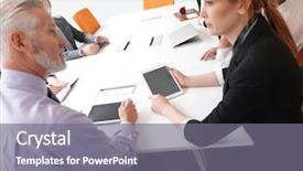  Presentation with group discussion - Beautiful presentation theme featuring business people group on meeting backdrop and a gray colored foreground