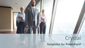  Presentation with team group - Audience pleasing PPT layouts consisting of business people group standing together as team by window in modern bright office interior backdrop and a sky blue colored foreground