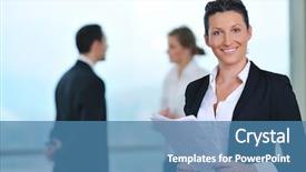  Presentation with team group - Beautiful presentation theme featuring business people group together standing indoor and representing team and teamwork concept backdrop and a teal colored foreground