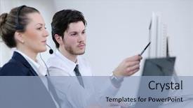  Presentation with help desk - Cool new presentation design with business people group with headphones giving support in help desk office to customers manager giving training and education instructions backdrop and a light blue colored foreground