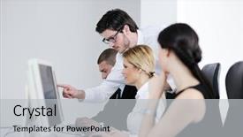  Presentation with education training - Theme enhanced with business people group with headphones giving support in help desk office to customers manager giving training and education instructions background and a light gray colored foreground