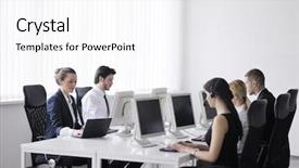  Presentation with group support - Colorful slide set enhanced with business people group with headphones giving support in help desk office to customers manager giving training and education instructions backdrop and a white colored foreground