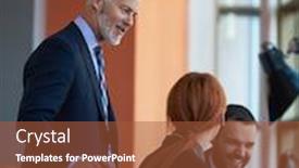  Presentation with senior adults - Presentation design consisting of business people group with young adults and senior on meeting at modern bright office interior background and a red colored foreground