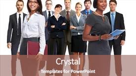  Presentation with group - Colorful PPT layouts enhanced with business people group backdrop and a violet colored foreground