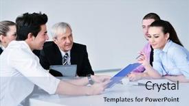  Presentation with business group meeting - Colorful presentation enhanced with business people group at a meeting in a light and modern office environment backdrop and a light blue colored foreground