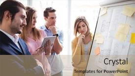  Presentation with people - Slide deck enhanced with business people hand on chin background and a coral colored foreground