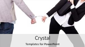  Presentation with handcuffed - Slide deck consisting of business people handcuffed together isolated background and a light gray colored foreground