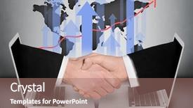  Presentation with african american in computer business - Slide deck having business people handshake through computer background and a coral colored foreground