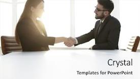  Presentation with five business people standing together and smiling - Audience pleasing presentation design consisting of business people handshaking after pleasant backdrop and a white colored foreground