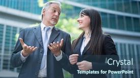  Presentation with front office - Amazing PPT theme having business-people-having-a-conversation backdrop and a ocean colored foreground