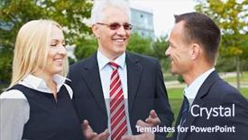  Presentation with business people moving gear - Colorful slides enhanced with business people having a discussion backdrop and a  colored foreground