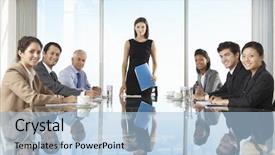  Presentation with board meeting - Colorful presentation theme enhanced with business people having board meet backdrop and a light blue colored foreground