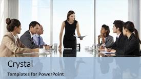  Presentation with board meeting - Slide deck enhanced with business people having board meeting background and a light blue colored foreground