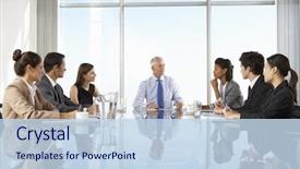  Presentation with board meeting - Presentation design with business people having board meeting background and a sky blue colored foreground