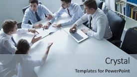  Presentation with meeting table - Cool new theme with business people having business meeting backdrop and a light blue colored foreground