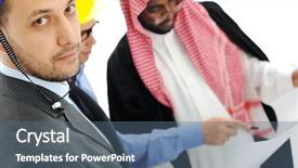  Presentation with consulting - Slide deck with business people having consulting about new building background and a ocean colored foreground