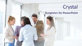  Presentation with discussion - Cool new slide deck with business people having discussion in empty office backdrop and a sky blue colored foreground