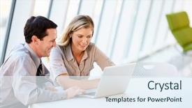  Presentation with meeting table - Audience pleasing slide deck consisting of business people having meeting backdrop and a sky blue colored foreground