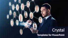  Presentation with business communication - Amazing PPT theme having business people headhunting communication backdrop and a navy blue colored foreground