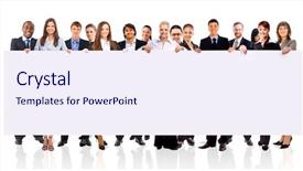  Presentation with group - PPT theme consisting of business people holding a banner background and a sky blue colored foreground