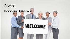  Presentation with business card - Slides having business people holding a card background and a white colored foreground