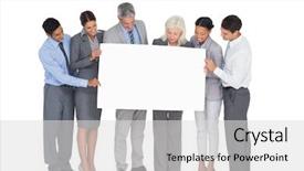  Presentation with holding people in hands - Cool new slides with business people holding blank board backdrop and a light gray colored foreground