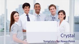  Presentation with care for people - Cool new presentation design with business people holding blank card backdrop and a sky blue colored foreground