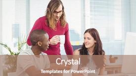  Presentation with business office desk - Theme having business people holding coffee cups while working at computer desk in office background and a coral colored foreground