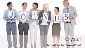  Presentation with white letters - Slides having business-people-holding-letters-sign background and a light gray colored foreground