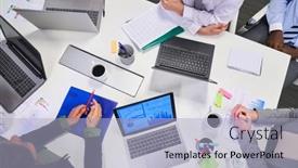  Presentation with conference table - PPT theme having business-people-in-a-meeting background and a light blue colored foreground