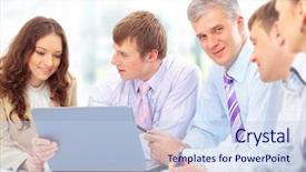  Presentation with big group people - PPT theme enhanced with business people in a meeting background and a  colored foreground