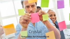  Presentation with sticky notes - Slide deck having business-people-in-creative-brainstorming background and a light blue colored foreground