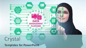  Presentation with data management - PPT theme having business-people-in-data-management background and a light blue colored foreground