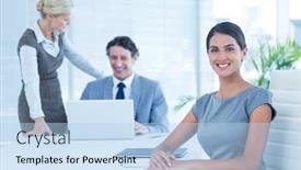  Presentation with discussion - Colorful PPT layouts enhanced with business people in discussion in an office at work backdrop and a light blue colored foreground