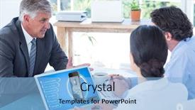  Presentation with discussion - Theme consisting of business people in discussion in an office against ad for a new application background and a light blue colored foreground