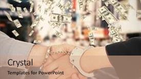  Presentation with people street - Colorful PPT theme enhanced with business people in handcuffs shaking hands against blurry new york street backdrop and a coral colored foreground