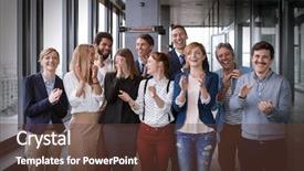  Presentation with group of diverse people - Slide deck having business people in modern office background and a tawny brown colored foreground